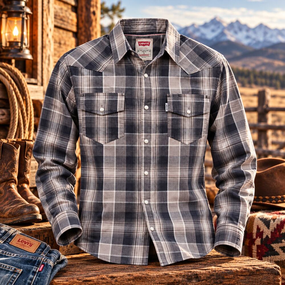 Levis Western Shirt Mens Large Black Gray Plaid Pearl Snap Long Sleeve 65801